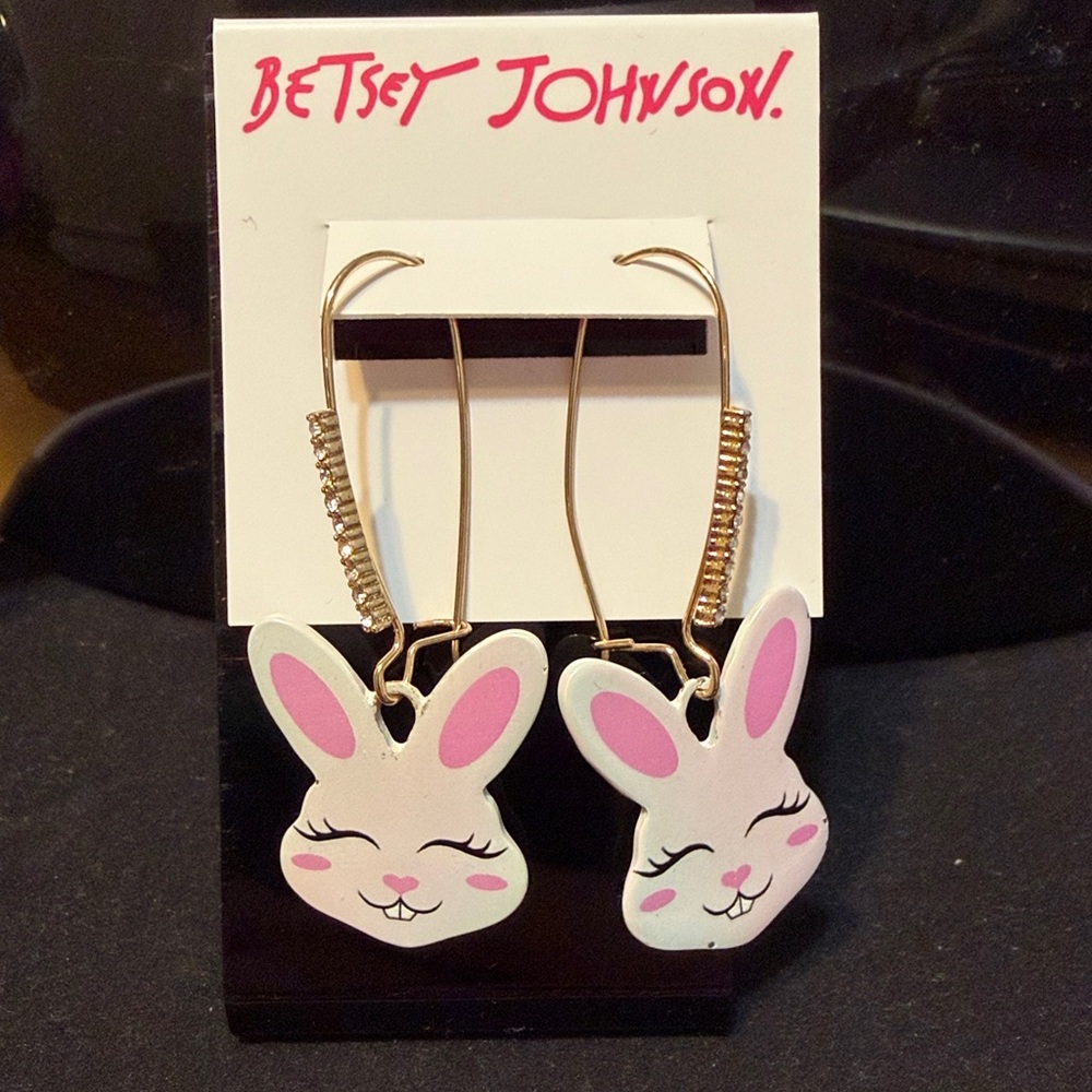 Betsey Johnson Bunny Earrings with Rhinestones & Gold tone Hoop NWT Retail $38